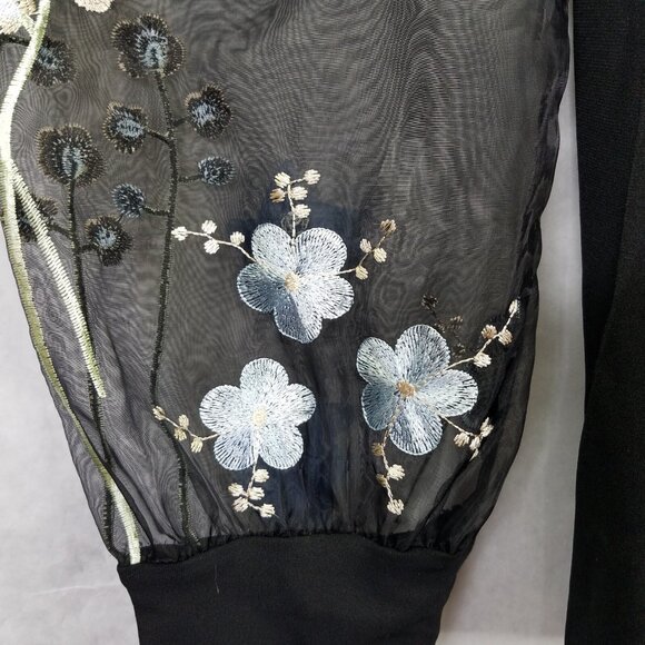 Boston Proper Blouse Sz L 3-D Floral Embellished Organza Sheer Puff Sleeve Black - Picture 7 of 16
